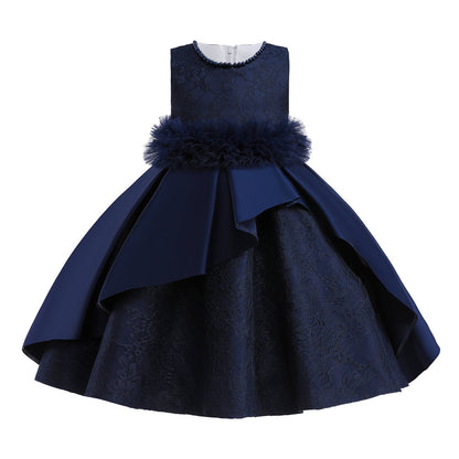 Robe Princesse Col Rond sans Manches pour Petite Fille d'Honneur avec Ceinture