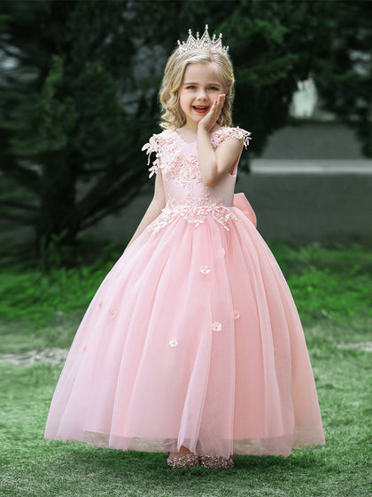 Robe Princesse Col Rond sans Manches pour Petite Fille d'Honneur avec Appliques