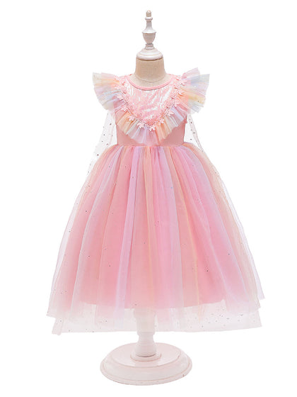 Robe Princesse Col Rond Manches Volantes pour Petite Fille d'Honneur avec Sequins