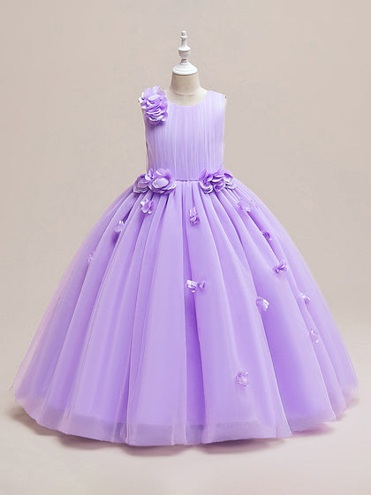 Robe Princesse Col Rond sans Manches pour Petite Fille d'Honneur avec Fleur Solide