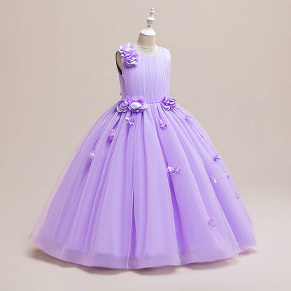 Robe Princesse Col Rond sans Manches pour Petite Fille d'Honneur avec Fleur Solide