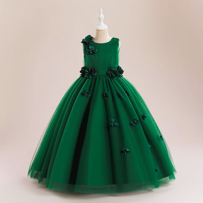 Robe Princesse Col Rond sans Manches pour Petite Fille d'Honneur avec Fleur Solide