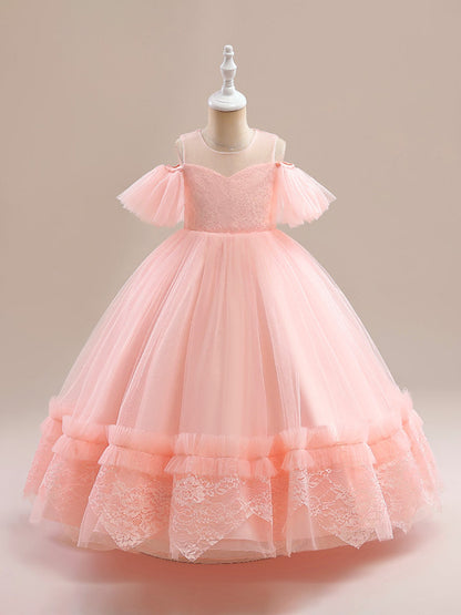 Robe Princesse Épaules Dénudées Manches Courtes pour Petite Fille d'Honneur avec Appliques