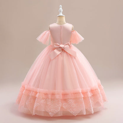 Robe Princesse Épaules Dénudées Manches Courtes pour Petite Fille d'Honneur avec Appliques