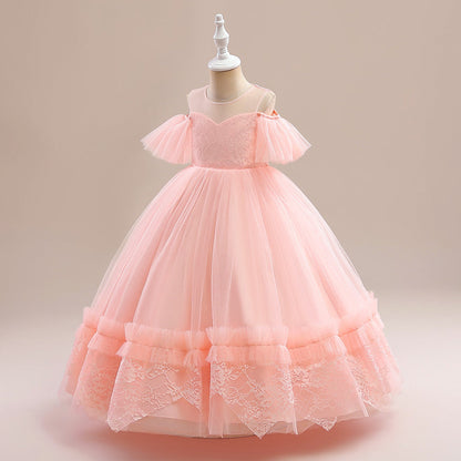 Robe Princesse Épaules Dénudées Manches Courtes pour Petite Fille d'Honneur avec Appliques