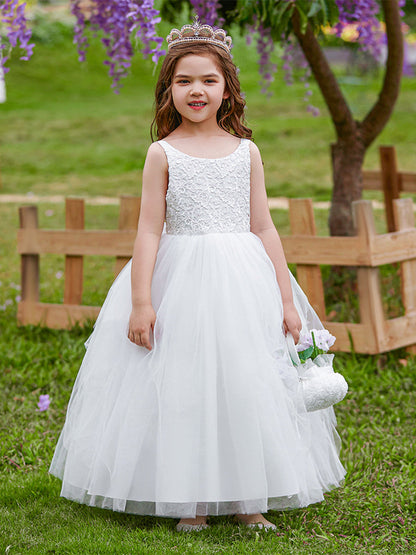 Robe Princesse Col Rond sans Manches pour Petite Fille d'Honneur avec Appliques