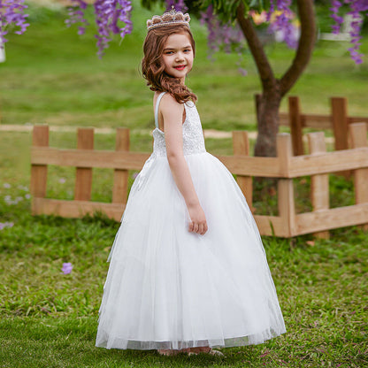 Robe Princesse Col Rond sans Manches pour Petite Fille d'Honneur avec Appliques