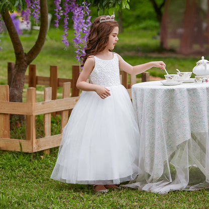 Robe Princesse Col Rond sans Manches pour Petite Fille d'Honneur avec Appliques