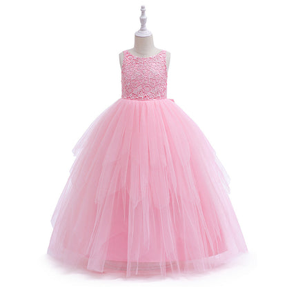 Robe Princesse Col Rond sans Manches pour Petite Fille d'Honneur avec Appliques