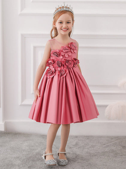 Robe Princesse Col Rond sans Manches pour Petite Fille d'Honneur avec Fleurs Solides