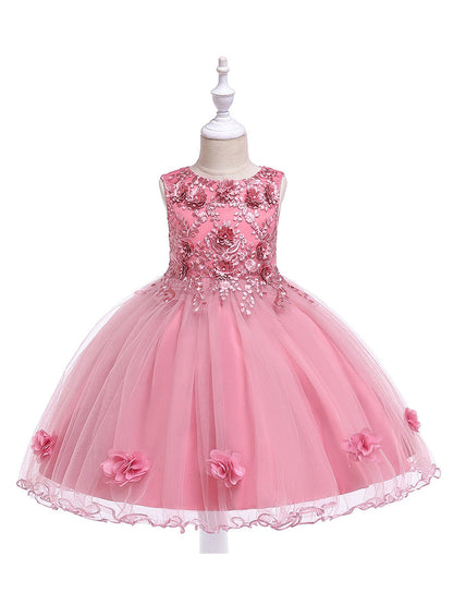 Robe Princesse Col Rond sans Manches pour Petite Fille d'Honneur avec Fleurs Solides