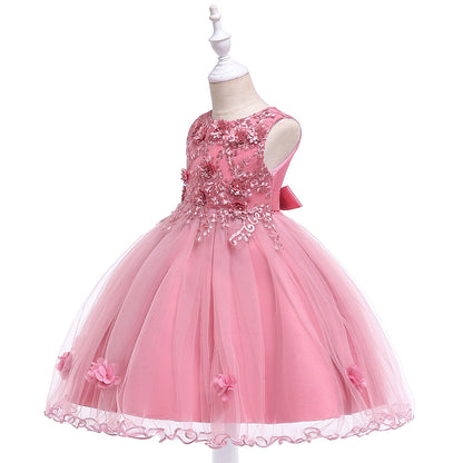 Robe Princesse Col Rond sans Manches pour Petite Fille d'Honneur avec Fleurs Solides