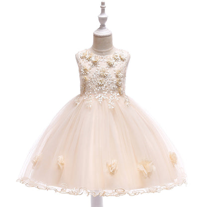 Robe Princesse Col Rond sans Manches pour Petite Fille d'Honneur avec Fleurs Solides