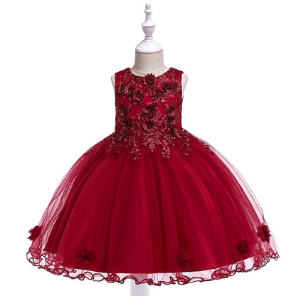 Robe Princesse Col Rond sans Manches pour Petite Fille d'Honneur avec Fleurs Solides