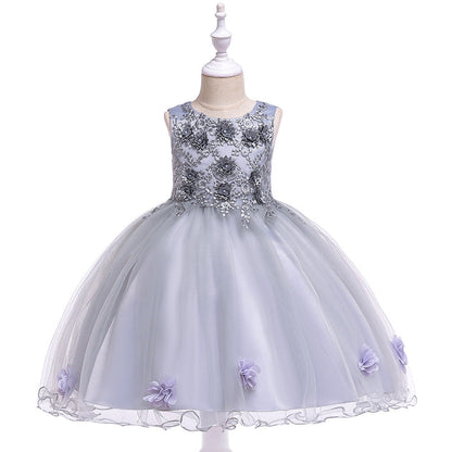 Robe Princesse Col Rond sans Manches pour Petite Fille d'Honneur avec Fleurs Solides