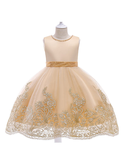 Robe Princesse Col Rond sans Manches pour Petite Fille d'Honneur avec Perles