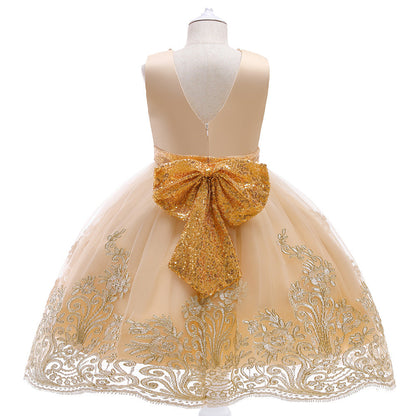 Robe Princesse Col Rond sans Manches pour Petite Fille d'Honneur avec Perles