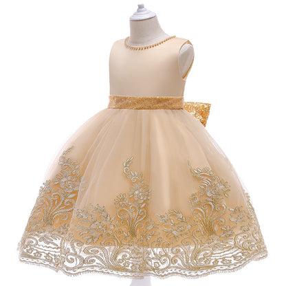 Robe Princesse Col Rond sans Manches pour Petite Fille d'Honneur avec Perles