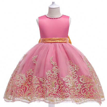 Robe Princesse Col Rond sans Manches pour Petite Fille d'Honneur avec Perles