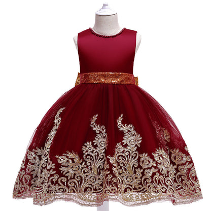 Robe Princesse Col Rond sans Manches pour Petite Fille d'Honneur avec Perles