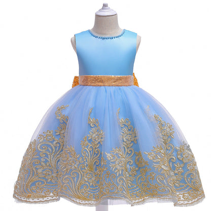 Robe Princesse Col Rond sans Manches pour Petite Fille d'Honneur avec Perles