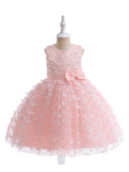 Robe Princesse Col Rond sans Manches pour Petite Fille d'Honneur avec Fleurs Solides