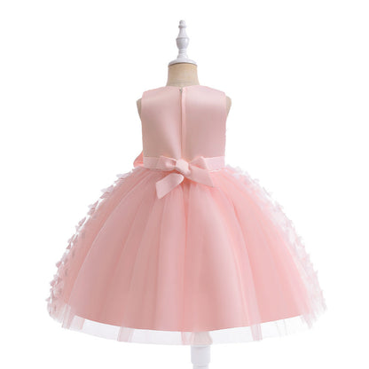 Robe Princesse Col Rond sans Manches pour Petite Fille d'Honneur avec Fleurs Solides