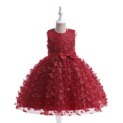 Robe Princesse Col Rond sans Manches pour Petite Fille d'Honneur avec Fleurs Solides