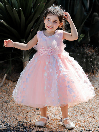 Robe Princesse Col Rond sans Manches pour Petite Fille d'Honneur avec Perles