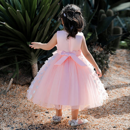 Robe Princesse Col Rond sans Manches pour Petite Fille d'Honneur avec Perles