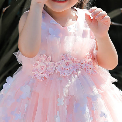 Robe Princesse Col Rond sans Manches pour Petite Fille d'Honneur avec Perles