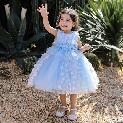 Robe Princesse Col Rond sans Manches pour Petite Fille d'Honneur avec Perles