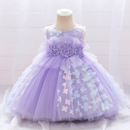 Robe Princesse Col Rond sans Manches pour Petite Fille d'Honneur avec Perles