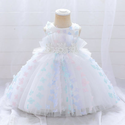 Robe Princesse Col Rond sans Manches pour Petite Fille d'Honneur avec Perles