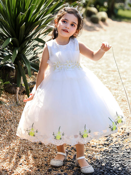 Robe Princesse Col Rond sans Manches pour Petite Fille d'Honneur avec Perles