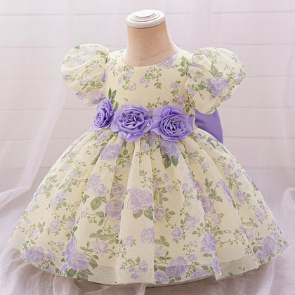 Robe de Bal à Manches Bouffantes et Col Rond Pour Demoiselled'Honneur avec Fleurs Unies