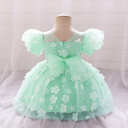 Robe de Bal à Manches Bouffantes et Col Rond Pour Demoiselled'Honneur avec Fleurs Unies