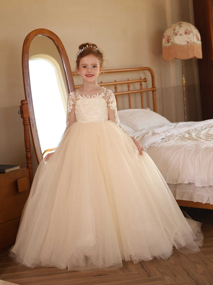 Robe Col Rond Illusion Manches Longues en Tulle pour Petite Fille d'Honneur avec Appliques