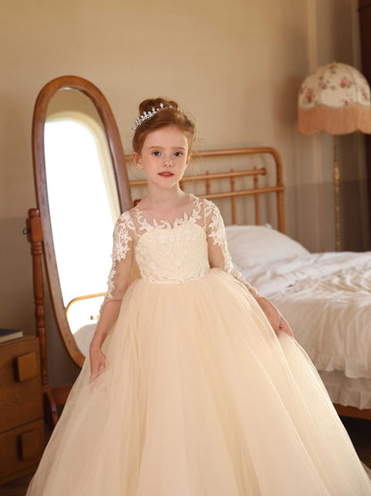 Robe Col Rond Illusion Manches Longues en Tulle pour Petite Fille d'Honneur avec Appliques