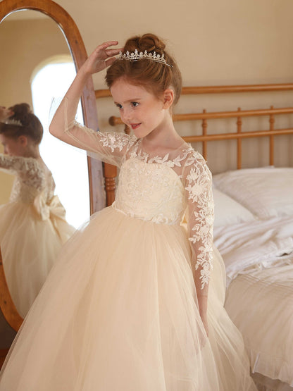 Robe Col Rond Illusion Manches Longues en Tulle pour Petite Fille d'Honneur avec Appliques