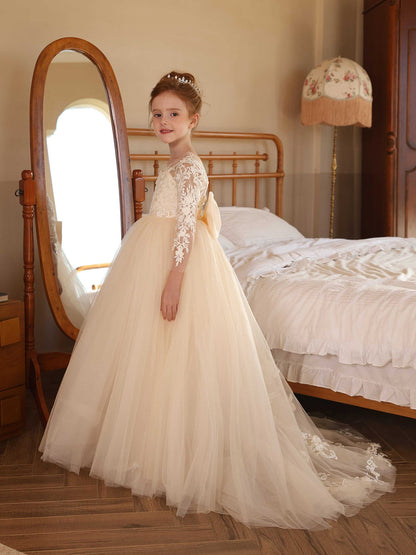 Robe Col Rond Illusion Manches Longues en Tulle pour Petite Fille d'Honneur avec Appliques