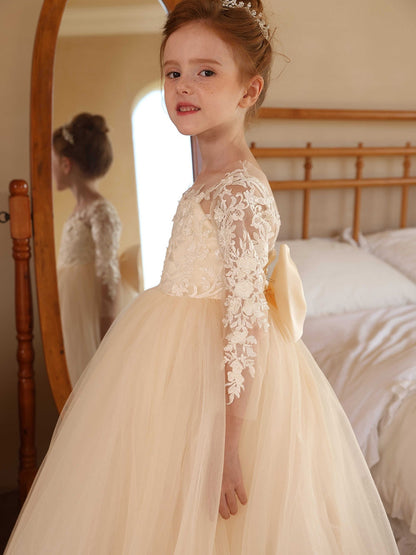 Robe Col Rond Illusion Manches Longues en Tulle pour Petite Fille d'Honneur avec Appliques