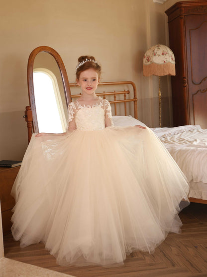 Robe Col Rond Illusion Manches Longues en Tulle pour Petite Fille d'Honneur avec Appliques