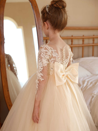 Robe Col Rond Illusion Manches Longues en Tulle pour Petite Fille d'Honneur avec Appliques