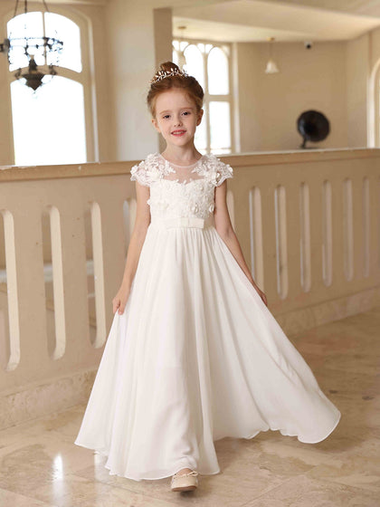 Robe Princesse Col Rond en Chiffon pour Petite Fille d'Honneur avec Appliques