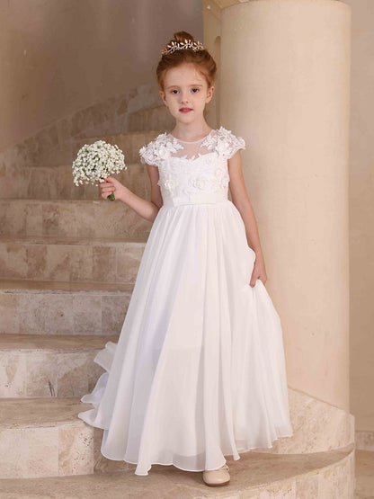 Robe Princesse Col Rond en Chiffon pour Petite Fille d'Honneur avec Appliques