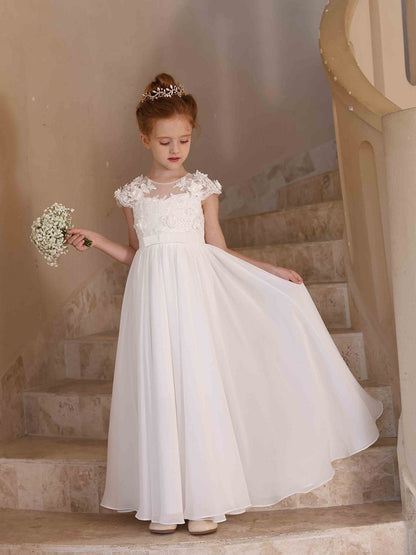 Robe Princesse Col Rond en Chiffon pour Petite Fille d'Honneur avec Appliques