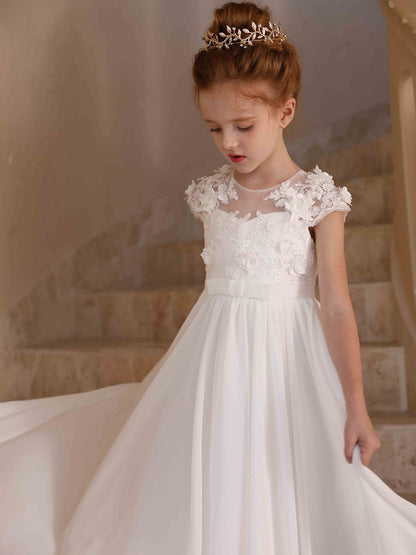 Robe Princesse Col Rond en Chiffon pour Petite Fille d'Honneur avec Appliques