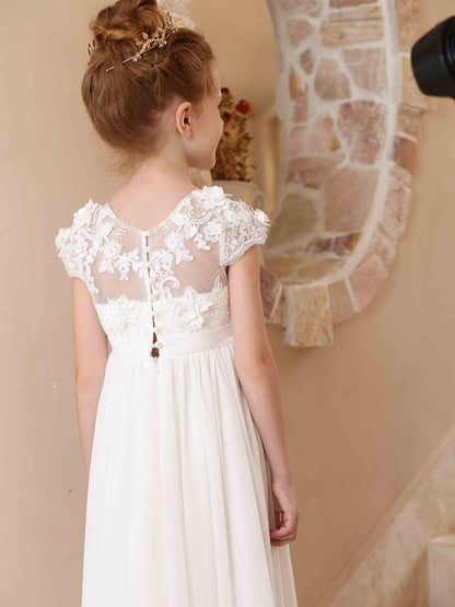 Robe Princesse Col Rond en Chiffon pour Petite Fille d'Honneur avec Appliques