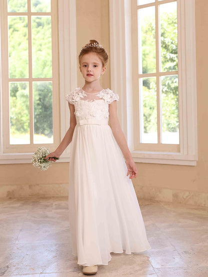 Robe Princesse Col Rond en Chiffon pour Petite Fille d'Honneur avec Appliques